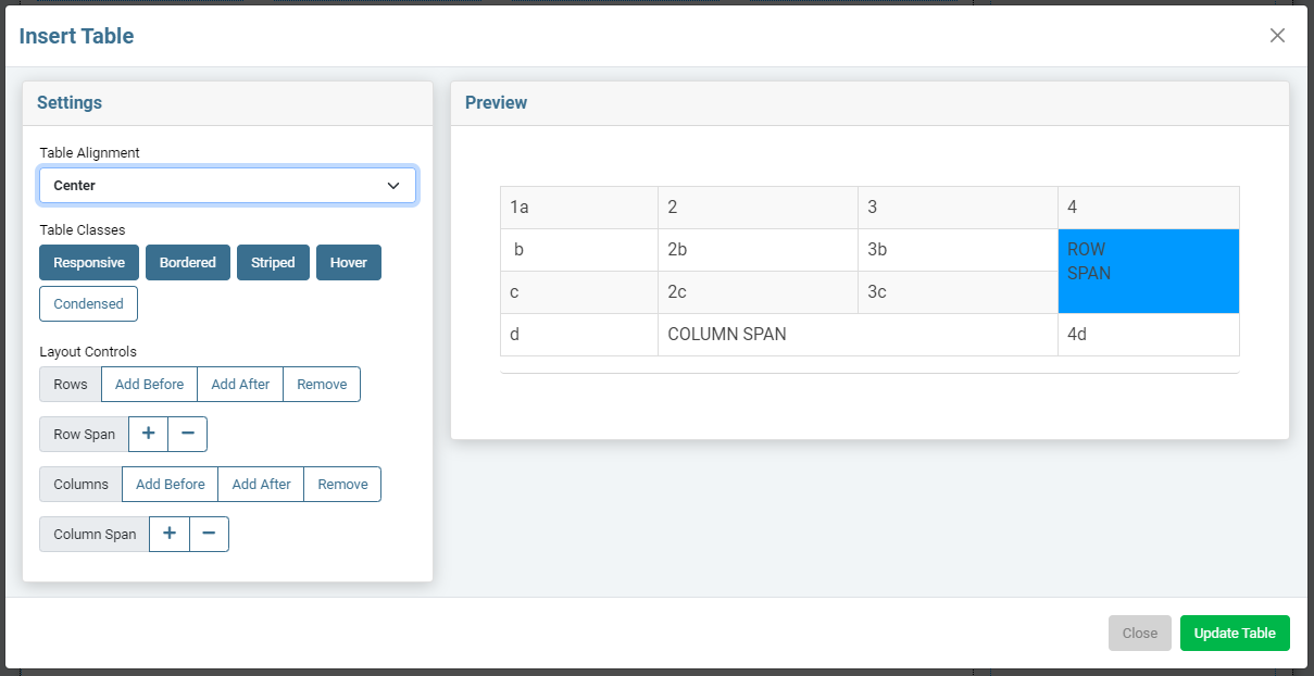 Insert a Table using the Sandhills editor. 